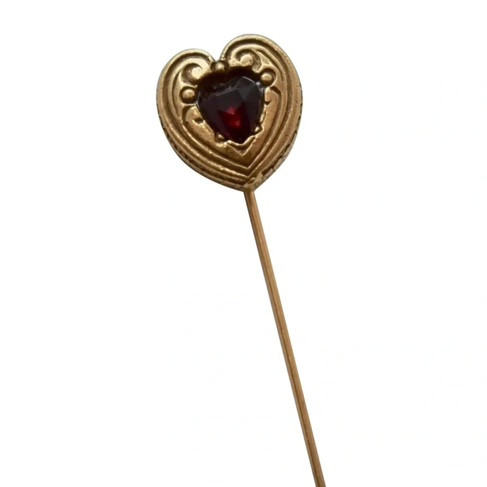 Vintage Victorian Revival Red Glass Heart Stick Pin
